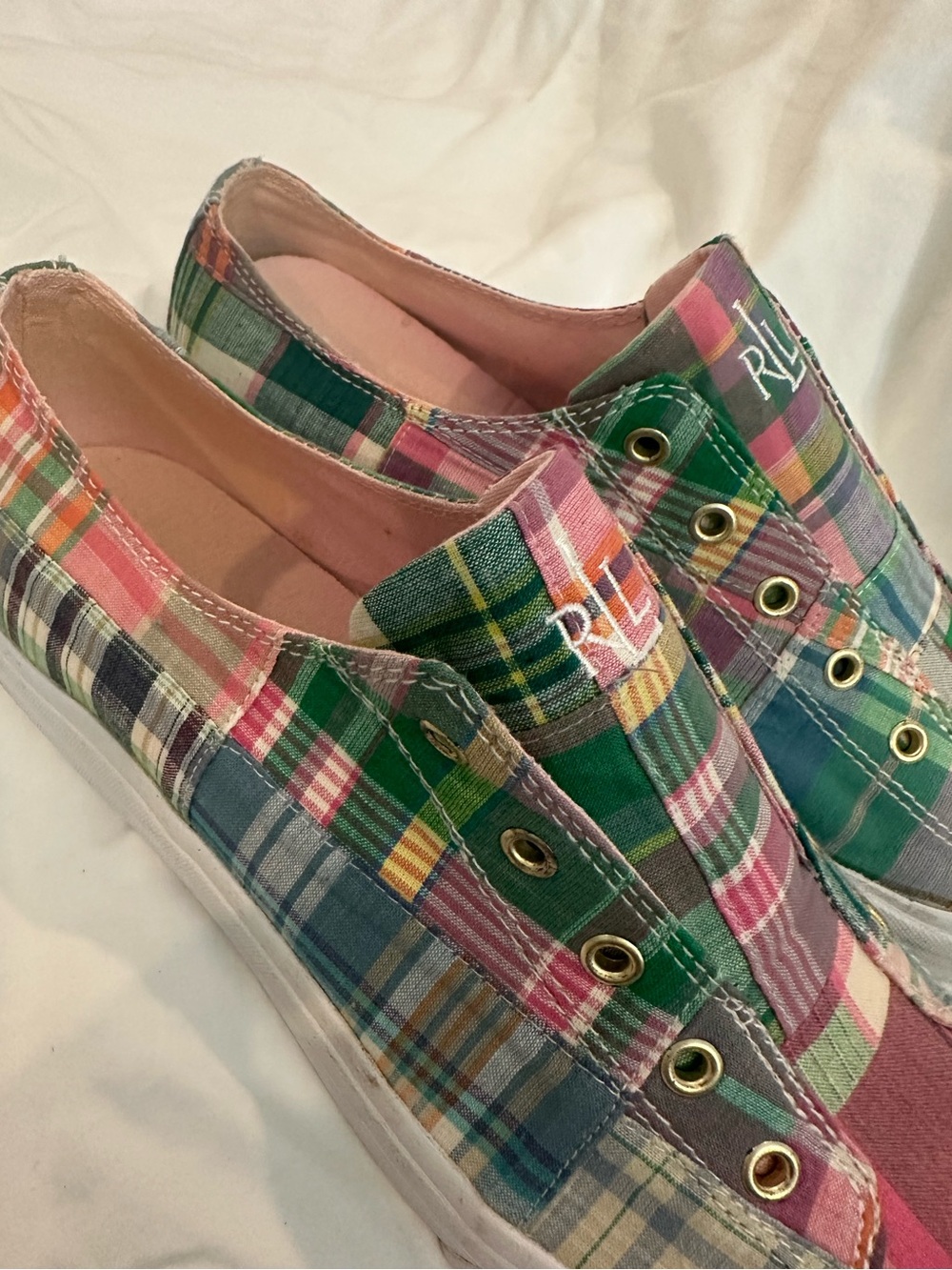 Ralph Lauren Plaid Slip-On Sneakers - Pink Green Blue Cream - Picture 3 of 10